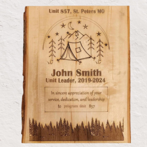 Live Edge Wood Volunteer Recognition Plaque – Personalized Laser Engraved Gift for Leaders, Scouting Awards, Outdoor Groups